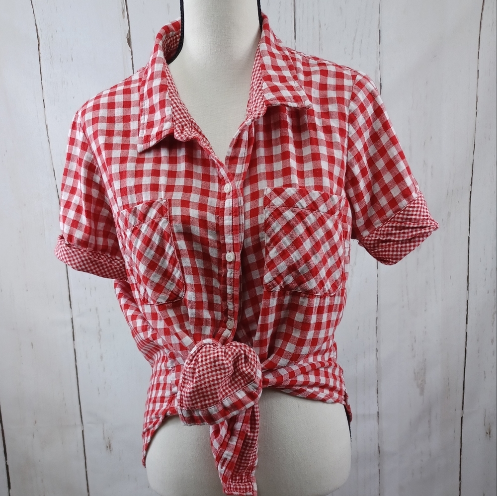 Tommy Hilfiger Womens Button Down Shirt Red White Chess Pattern